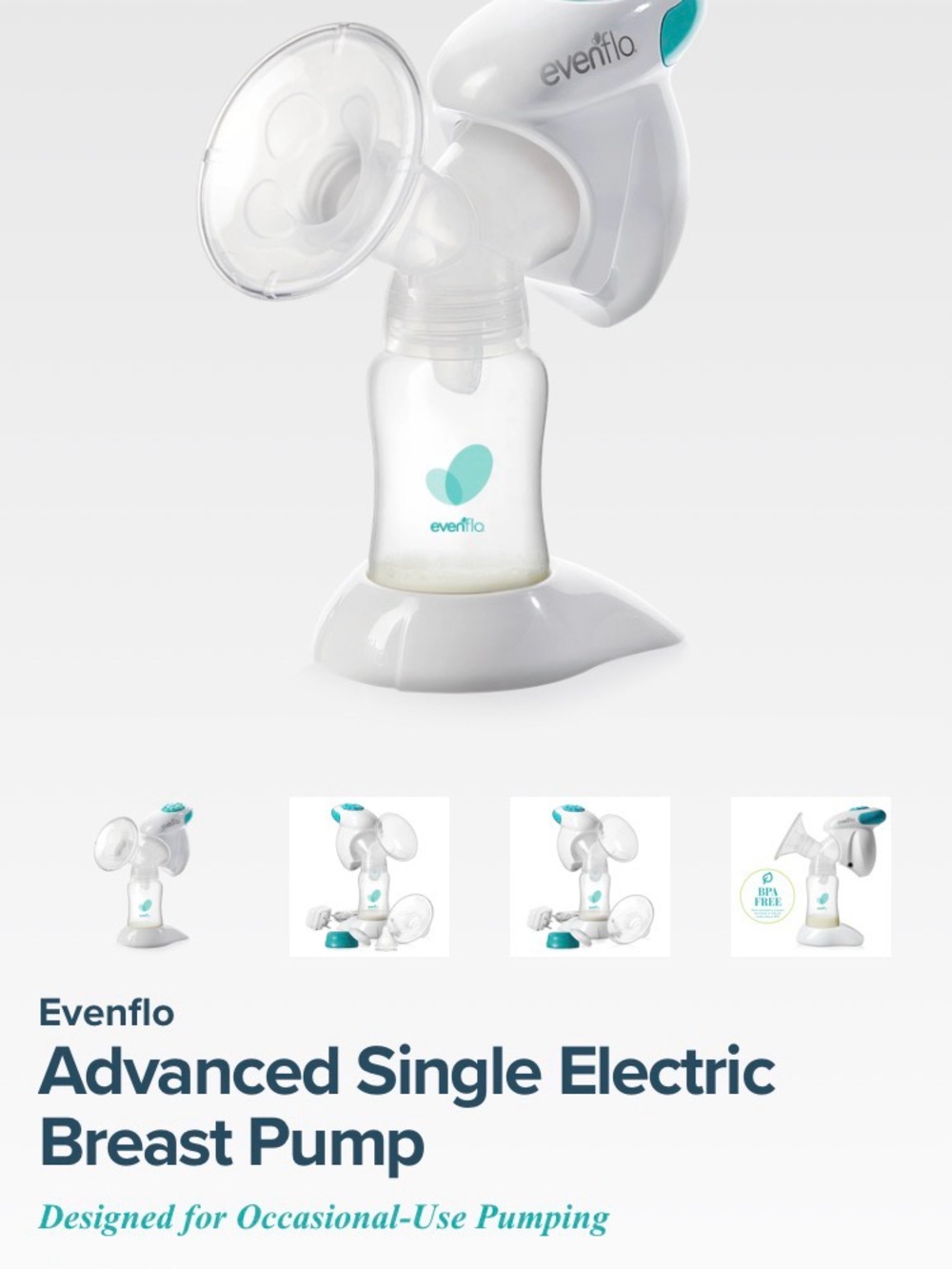 LIKE NEW- Evenflo Advanced Single Electric Breast Pump - White with Teal Accents